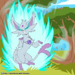  1:1 anthro dipstick_tail eeveelution espeon female forehead_gem forest fuf gem generation_2_pokemon gloves_(marking) glowing glowing_eyes grass hi_res jewelry leg_markings markings necklace nintendo outside plant pokemon pokemon_(species) socks_(marking) solo tail tail_markings tree 