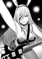  animal_ears bass_guitar black_choker black_corset breasts choker cleavage corset fajuun fake_animal_ears female guitar guitar_strap hair_over_eyes highres hololive hololive_english instrument jewelry large_breasts monochrome mori_calliope mori_calliope_(9th_costume) necklace official_alternate_costume one_eye_covered rabbit_ears smile solo virtual_youtuber 