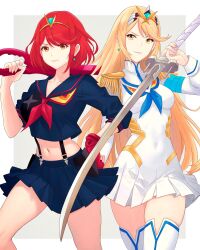  2girls absurdres blonde_hair cosplay dress highres holding holding_sword holding_weapon kill_la_kill kiryuuin_satsuki kiryuuin_satsuki_(cosplay) long_hair matoi_ryuuko matoi_ryuuko_(cosplay) multiple_girls red_eyes red_hair sailor_collar school_uniform smile sword tiara truejekart weapon white_dress xenoblade_chronicles_(series) xenoblade_chronicles_2 yellow_eyes 