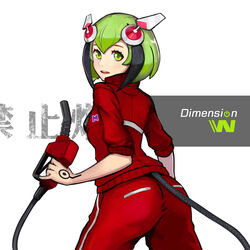  android ass bass386 cable cable_tail chinese_commentary commentary_request copyright_name cowboy_shot dimension_w female from_behind gas_pump_nozzle green_eyes green_hair highres looking_at_viewer looking_back mechanical_tail multicolored_hair open_mouth photoshop_(medium) power_symbol revision robot_ears short_hair smile solo streaked_hair tail teeth track_suit two-tone_hair yurizaki_mira 