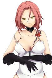  alternate_breast_size bad_id bad_pixiv_id bare_shoulders belt black_gloves breasts choker devil_survivor dress elbow_gloves female gloves green_eyes haruno14 harusawa_yoshino medium_breasts red_hair short_hair simple_background smile solo strap_slip tattoo white_background yellow_eyes 