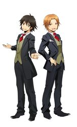  2boys :d ansatsu_kyoushitsu ascot bad_id bad_pixiv_id beckoning black_footwear black_hair black_jacket black_pants brooch brown_eyes brown_hair butler formal full_body hand_on_own_hip highres isogai_yuuma jacket jewelry kyoka0403_1 looking_at_viewer maehara_hiroto male_focus multiple_boys necktie open_clothes open_jacket open_mouth orange_eyes outstretched_hand pants red_necktie shirt shoes simple_background smile standing white_background white_shirt 