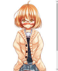  absurdres ahoge bad_id bad_pixiv_id black_pantyhose blush bob_cut cardigan commentary_request fake_scrollbar female glasses highres kuriyama_mirai kyoukai_no_kanata pantyhose photoshop_(medium) pink_hair red-framed_eyewear ryuuguu_yassuu school_uniform serafuku short_hair simple_background skirt skirt_hold solo wavy_mouth white_background yellow_eyes 