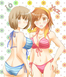  2girls ass bandana bikini blush breasts brown_eyes brown_hair character_name cleavage commentary_request devil_survivor devil_survivor_2 floral_background hasumi_hiko large_breasts looking_at_viewer looking_back multiple_girls navel nitta_io open_mouth orange_eyes orange_hair short_hair swimsuit yuzu_tanigawa 