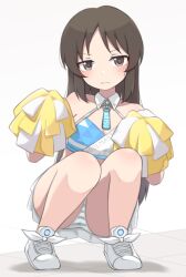  absurdres bare_legs blush brown_hair cheerleader female highres holding holding_pom_poms idolmaster idolmaster_cinderella_girls long_hair looking_at_viewer millennium_cheerleader_outfit_(blue_archive) mooramango panties pantyshot pom_pom_(cheerleading) shoes simple_background sneakers solo squatting striped_clothes striped_panties tachibana_arisu underwear white_background 