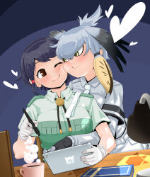  absurdres affectionate animal_ears bird_tail black_gloves black_hair blush breasts captain_(kemono_friends) cheek-to-cheek cheek_press closed_mouth coffee_mug collared_shirt couple cuddling cup emil_(fafa) fingerless_gloves gloves grey_hair grey_shirt hair_between_eyes happy head_wings heads_together heart highres hug hug_from_behind jacket japari_symbol kemono_friends kemono_friends_3 large_breasts long_hair looking_at_another mug multicolored_hair multiple_girls necktie nuzzle one_eye_closed safari_jacket shirt shoebill_(kemono_friends) short_hair short_sleeves shorts sidelocks smile stylus tail white_necktie wings yuri 