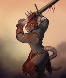  anthro armor blood bodily_fluids bottomwear clothing headgear helmet hi_res knee_pads loincloth male mammal meganfruity melee_weapon murid murine rat rodent simple_background skaven solo sword warhammer_(franchise) weapon 