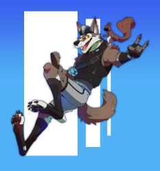  anthro black_claws black_pawpads blue_background bottomwear brown_body brown_fur canid canine canis claws clothed clothing devil_horns_(gesture) dewclaw duo ear_piercing ear_ring epic_games falling fangs fingerless_gloves fingers fortnite fully_clothed fur gesture gloves hand_gesture handpads handwear hat headgear headwear hi_res komoroshi_(artist) male mammal open_mouth pants pawpads paws piercing ring_piercing rodent sciurid signature simple_background tail teeth toe_claws tongue topwear tree_squirrel walnut_(fortnite) wendell_(fortnite) wolf yellow_sclera 