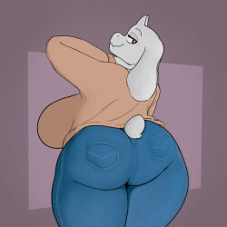  1:1 absurd_res anthro ass big_breasts big_butt boss_monster_(undertale) bottomwear bovid breasts caprine clothed clothing denim denim_bottomwear denim_clothing female floppy_ears fur goat hi_res horn jeans looking_at_viewer looking_back mammal mature_anthro mature_female pants seam_(sewing) sleepingpowder smile solo sweater tail thick_thighs topwear toriel undertale undertale_(series) white_body white_fur 