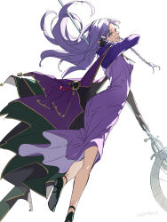  black_footwear blue_eyes blue_hair blush braid breasts carimarica dress fate/grand_order fate/stay_night fate_(series) female highres holding holding_staff long_hair long_sleeves looking_at_viewer medea_(fate) pointy_ears purple_dress purple_hair purple_lips side_braid simple_background small_breasts smile solo staff white_background 