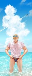  1boy bara blonde_hair blue_eyes bulge commentary_request eyewear_on_head highres large_pectorals lewis_smith male_focus male_swimwear mmmmichisato muscular muscular_male nipples ocean outdoors pectorals see-through shirt sky sunglasses swim_briefs thighs tinted_eyewear veins veiny_arms wet wet_clothes wet_shirt white_shirt yuuki_bakuhatsu_bang_bravern 