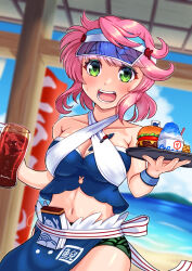  blue_hat blue_sarong blue_sky blue_tube_top blush breasts burger circled_9 cloud cola commentary_request cowboy_shot criss-cross_straps cup dutch_angle female food french_fries green_eyes hat highres holding holding_tray jouzou looking_at_viewer medium_bangs medium_breasts midriff navel notepad okunoda_miyoi okunoda_miyoi_(waitress_of_beach_house_kourindou) open_mouth outdoors pink_hair sarong shaved_ice short_hair sky smile solo strapless teeth touhou touhou_lostword tray tube_top visor_cap 