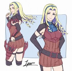  ascot blonde_hair blue_ascot cm_lynarc constance_von_nuvelle drill_hair drill_sidelocks female fire_emblem fire_emblem:_three_houses highres looking_at_viewer multicolored_hair multiple_views purple_hair sidelocks two-tone_hair 