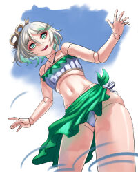  bare_shoulders bikini blue_sky breasts cecilia_immergreen cowboy_shot doll_joints female frilled_bikini frills from_below green_eyes green_hair highres hikienlaventana hololive hololive_english joints looking_at_viewer multicolored_hair navel open_mouth short_hair sky small_breasts strapless streaked_hair swept_bangs swimsuit teeth thighs tube_top two-tone_hair upper_teeth_only virtual_youtuber waves white_bikini white_hair winding_key 