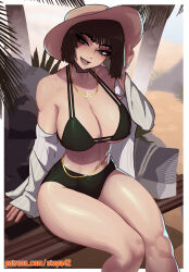  absurdres artist_name bag bare_shoulders bench bikini black_hair blush border breasts cellphone cleavage female fubuki_(one-punch_man) gold_necklace green_bikini green_eyes green_hair hand_in_own_hair hat highres jewelry large_breasts legs_together looking_at_viewer navel necklace off_shoulder one-punch_man palm_tree patreon_logo patreon_username phone rock shirt short_hair sitting smile solo stopu summer sun_hat swimsuit thick_thighs thighs toned tree white_border white_shirt 