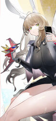  absurdres animal_ear_fluff animal_ears bandaid_on_thigh black_shirt blonde_hair bracelet breasts cellphone closed_mouth commentary_request female full_body green_eyes grey_jacket grey_shirt gridman_universe hands_up highres holding holding_phone holding_toy jacket jewelry large_breasts long_hair long_sleeves looking_at_viewer minami_yume phone rabbit_ears shirt sitting smartphone solo toy two-tone_shirt very_long_hair yushe_quetzalli 