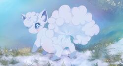  2017 3_toes alolan_form alolan_vulpix bangs belly big_belly black_kitty blue_body blue_eyes blue_fur blue_inner_ear blue_nose blush colored digital_drawing_(artwork) digital_media_(artwork) eyelashes feet female female_feral feral flower fog fur generation_7_pokemon grass hair light lighting looking_back multicolored_body multicolored_fur nintendo open_mouth outside paws plant pokemon pokemon_(species) pregnant pregnant_female pregnant_feral quadruped red_mouth regional_form_(pokemon) shaded shrub small_nose snow solo standing tail toes two_tone_body two_tone_fur white_body white_flower white_fur white_hair white_tail 