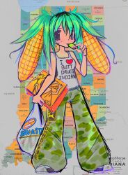  2000s_(style) alternate_costume blue_eyes breasts camouflage camouflage_pants cleavage clothes_writing commentary corn english_commentary female food-themed_hair freckles full_body green_hair hatsune_miku heart highres holding indiana john_deere little_caesar little_caesars maimedwolf pants solo standing tank_top vocaloid white_tank_top 