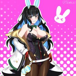  animal_ears bare_shoulders black_hair black_leotard black_pantyhose blue_hair bow bowtie breasts cleavage colored_inner_hair cowboy_shot fake_animal_ears fate/grand_order fate_(series) female gloves green_bow green_bowtie grey_eyes highleg highleg_leotard highres jacket large_breasts leotard long_hair multicolored_hair open_mouth pantyhose pink_background playboy_bunny rabbit-shaped_pupils rabbit_ears red_gloves smile solo symbol-shaped_pupils tenochtitlan_(fate) tenochtitlan_(swimsuit_mooncancer)_(fate) tenochtitlan_(swimsuit_mooncancer)_(third_ascension)_(fate) twitter_username two-tone_hair vemus_01 white_jacket 