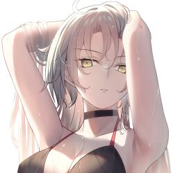  adjusting_hair armpits bikini black_bikini black_choker breasts choker collarbone fate/grand_order fate_(series) female grey_hair highres jeanne_d&#039;arc_alter_(fate) jeanne_d&#039;arc_alter_(swimsuit_berserker)_(fate) large_breasts long_hair looking_at_viewer mishiro_(ixtlolton) parted_lips solo swimsuit upper_body wet white_background yellow_eyes 