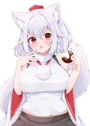  :o animal_ear_fluff animal_ears black_skirt blush breasts chocolate_doughnut commentary_request cowboy_shot detached_sleeves doughnut female food food_on_face grey_hair hair_between_eyes hands_up hat holding holding_doughnut holding_food inubashiri_momiji large_breasts looking_at_viewer medium_bangs medium_hair oerba_yun_fang open_mouth pom_pom_(clothes) red_eyes red_hat rururiaru shirt simple_background skirt sleeveless sleeveless_shirt solo tail tokin_hat touhou turtleneck turtleneck_shirt white_background white_shirt white_sleeves wolf_ears wolf_girl wolf_tail 