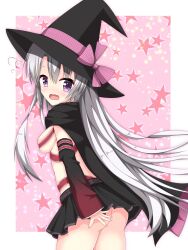  ass ayachi_nene belt belt_bra black_cape black_hat black_skirt blush border bow breasts cape commentary_request covering_ass covering_privates cowboy_shot detached_sleeves embarrassed eyes_visible_through_hair female firin floating_hair flying_sweatdrops from_behind grey_hair hair_between_eyes hat hat_bow highres large_breasts light_particles long_hair long_sleeves looking_at_viewer looking_back miniskirt no_panties open_mouth outside_border outstretched_hand pink_background pink_belt pink_bow pleated_skirt purple_eyes sanoba_witch sideboob sidelocks simple_background skindentation skirt solo star_(symbol) very_long_hair wavy_mouth white_border wide_sleeves witch witch_hat 