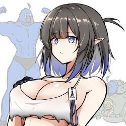  absurdres arknights bare_shoulders black_gloves black_hair blue_eyes blue_hair blush breast_suppress breasts bright_pupils cleavage closed_mouth crop_top cropped_shirt eunectes_(arknights) eyes_visible_through_hair female gloves grey_shirt halter_shirt halterneck hashtag-only_commentary high_priest_(arknights) highres large_breasts looking_at_viewer multicolored_hair pointy_ears shirt short_hair split_mouth streaked_hair torn_clothes torn_shirt upper_body white_background white_pupils xibu_cai 