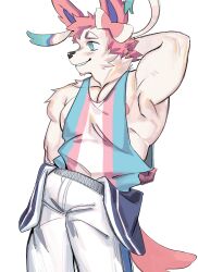  anthro biceps blue_eyes blush bottomwear clothing eeveelution fur generation_6_pokemon hair hand_behind_head hemuchang hi_res lgbt_pride male muscular muscular_anthro muscular_male nintendo nipples pants pecs pink_hair pokemon pokemon_(species) pose pride_color_clothing pride_color_shirt pride_color_tank_top pride_color_topwear pride_colors ribbons shirt simple_background smile solo standing sylveon tank_top topwear transgender_pride_colors tricep white_background white_body white_fur 