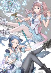  2girls 6nutqd2kwd0iqcl absurdres aqua_eyes axe breasts cleavage dress feather_trim felicia_(fire_emblem) felicia_(ice)_(fire_emblem) fire_emblem fire_emblem_fates fire_emblem_heroes flora_(fire_emblem) flora_(ice)_(fire_emblem) highres holding holding_axe holding_weapon leggings long_hair looking_at_viewer maid maid_headdress medium_breasts multiple_girls official_alternate_costume pink_hair ponytail siblings simple_background sisters weapon white_dress white_leggings wrist_cuffs 