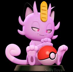  3d_(artwork) 3d_modeling 3d_print alolan_form alolan_meowth anthro digital_media_(artwork) fangs feet generation_7_pokemon half-closed_eyes hi_res jewelry male narrowed_eyes nintendo pawpads pink_eyes pokeball pokemon pokemon_(species) raised_tail regional_form_(pokemon) sillytoys simple_background sitting smile solo stage tail teeth 