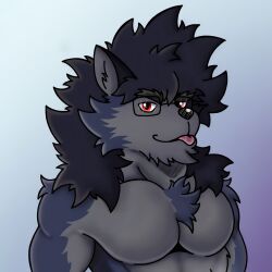  1:1 anthro arm_tuft black_ears black_eyebrows black_hair blep blue_body blue_fur canid canine canis chest_tuft chin_tuft eyebrows eyewear facial_hair facial_tuft fur glasses grey_body grey_fur grey_inner_ear grey_inner_ear_fluff hair hair_over_shoulder hi_res inner_ear_fluff male mammal miles_(mwolf600) multicolored_body multicolored_fur muscular muscular_anthro muscular_male pecs red_eyes rjquaty shoulder_tuft solo spiky_hair tongue tongue_out tuft wolf 