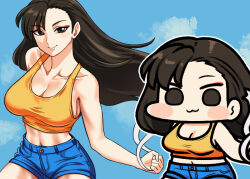  blue_background brown_eyes brown_hair chun-li collarbone female jazz_jack long_hair looking_at_viewer smile solo street_fighter vest yellow_vest 