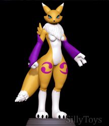  3d_(artwork) 3d_modeling 3d_print bandai_namco blue_eyes breasts claws clothing digimon digimon_(species) digital_media_(artwork) female fist fur gloves handwear hi_res looking_straight renamon sillytoys simple_background smile solo stage tattoo white_body white_fur yellow_body yin_yang 