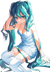  absurdres aqua_hair bare_arms bare_shoulders blue_eyes breasts cleavage closed_mouth double-parted_bangs dress female hair_between_eyes hand_on_own_head hatsune_miku highres long_hair medium_bangs medium_breasts panties short_dress simple_background sitting solo thighhighs underwear user_nxst3383 very_long_hair vocaloid white_background white_dress white_panties white_thighhighs zettai_ryouiki 