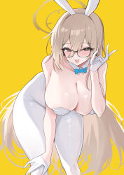  absurdres akane_(blue_archive) akane_(bunny)_(blue_archive) animal_ears bare_arms bent_over blue_archive blue_bow blush bow breasts brown_eyes brown_halo cleavage detached_collar fake_animal_ears female funaya_(a2brasd) glasses gloves hair_between_eyes halo highres large_breasts light_brown_hair long_hair looking_at_viewer official_alternate_costume open_mouth pantyhose playboy_bunny rabbit_ears revision simple_background smile solo teeth upper_teeth_only very_long_hair white_gloves white_pantyhose yellow_background 