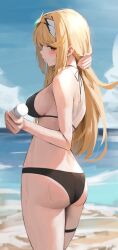  alternate_costume ass beach bikini black_bikini blonde_hair blue_sky blush breasts closed_mouth female halterneck headpiece highres long_hair looking_back ocean shiroshiroghost sideboob sky solo swept_bangs swimsuit thigh_strap thighs tiara xenoblade_chronicles_(series) xenoblade_chronicles_2 yellow_eyes 