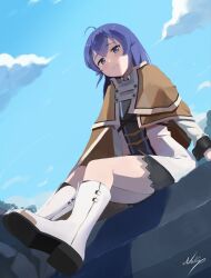  ahoge blue_eyes blue_hair blue_sky boots brown_capelet capelet closed_mouth cloud commentary day female hair_between_eyes light_smile long_hair long_sleeves looking_at_viewer mushoku_tensei naku_ramii outdoors roxy_migurdia signature sitting sky solo white_footwear 