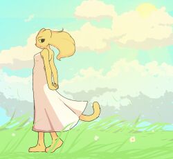  2024 anthro bethesda_game_studios black_eyes clothing dress felid feline filthypally fur grass hands_behind_back hi_res khajiit mammal microsoft oblivion outside plant prequel_adventure rajirra the_elder_scrolls white_clothing white_dress windswept_hair yellow_body yellow_fur yellow_sclera 