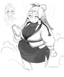  ... 2girls alternate_body_size big_belly breasts dress empty_eyes fat glasses greyscale hair_behind_ear hair_ornament hair_stick highres implied_transformation jacket large_breasts long_hair monochrome multiple_girls navel nimo_(b45ui) obese open_mouth paya_(zelda) pointy_ears purah round_eyewear solo_focus surprised the_legend_of_zelda the_legend_of_zelda:_breath_of_the_wild torn_clothes torn_dress weight_gain 