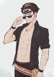  1boy black_hair blue_eyes fafnir_(fire_emblem) fire_emblem fire_emblem_heroes hair_slicked_back herdwicoco limited_palette male_focus multicolored_hair solo streaked_hair sunglasses unbuttoned unbuttoned_shirt 