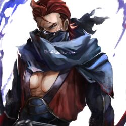  1boy blue_scarf fire_emblem fire_emblem_fates looking_at_viewer male_focus mask mouth_mask muscular muscular_male ninja ninja_mask one_eye_closed pectoral_cleavage pectorals red_eyes red_hair saizo_(fire_emblem) scar scar_across_eye scarf suikomu_now 