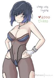  ;) absurdres aqua_eyes bare_arms bare_shoulders blue_hair bodysuit breasts chascoby cleavage commentary covered_navel cowboy_shot female fingerless_gloves genshin_impact gloves highres hip_vent jewelry large_breasts looking_at_viewer mole mole_on_breast necklace one_eye_closed short_hair simple_background smile solo standing strapless strapless_bodysuit thighs white_background white_gloves yelan_(genshin_impact) 