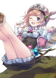  ;d atelier_(series) atelier_questboard atelier_rorona black_dress blue_eyes breasts brown_hair capelet commentary_request dress female hands_up hat jacket legs_up long_sleeves looking_at_viewer official_art one_eye_closed open_mouth pink_jacket rorolina_frixell second-party_source short_hair simple_background smile solo white_background white_capelet 