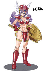  armor bikini_armor blue_eyes boots breasts cleavage commentary_request dragon_quest dragon_quest_iii elbow_gloves female gloves helmet highres long_hair momo_nei navel purple_hair red_armor shield shoulder_armor simple_background soldier_(dq3) solo sword toned_female weapon white_background winged_helmet 