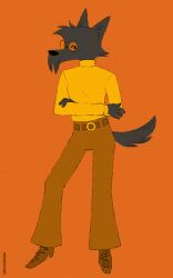  2023 5_fingers anthro artist_name belt belt_buckle bent_arm black_body black_fur black_nose black_tail bottomwear brown_belt brown_bottomwear brown_clothing brown_footwear brown_pants brown_shoes buckle canid canine canis cheek_tuft clothed clothed_anthro clothed_male clothing crossed_arms digital_drawing_(artwork) digital_media_(artwork) domestic_dog eyewear facial_tuft fingers flat_colors fluffy fluffy_tail footwear front_view fur greengrizz hi_res hunting_dog male male_anthro mammal orange_background orange_eyewear orange_sunglasses pants scottish_terrier scotty_(greengrizz) shoes simple_background solo standing sunglasses sweater tail terrier text topwear tuft yellow_clothing yellow_sweater yellow_topwear 