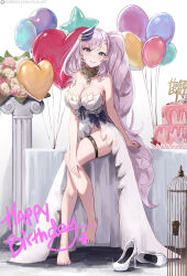  alternate_costume balloon barefoot birthday_cake blue_eyes cake dress female food grey_hair happy_birthday heart_balloon high_heels highres hololive hololive_indonesia looking_at_viewer pavolia_reine smile solo thigh_strap unworn_footwear vicarious white_dress white_footwear 