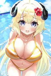  absurdres animal_ears arms_behind_back bare_shoulders bikini blonde_hair blush breasts cleavage collarbone commentary_request cosplay curled_horns day female flower hair_flower hair_ornament highres hololive horns inokeiwd large_breasts long_hair looking_at_viewer navel oozora_subaru oozora_subaru_(cosplay) oozora_subaru_(hololive_summer_2019) open_mouth orange_bikini outdoors purple_eyes red_flower sheep_ears sheep_girl sheep_horns solo stomach striped_bikini striped_clothes swimsuit tsunomaki_watame very_long_hair virtual_youtuber water 