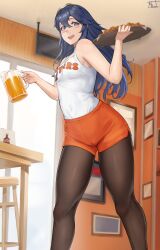  :d absurdres bare_shoulders beer_mug blue_eyes blue_hair blurry blurry_background blush breasts commentary commission covered_navel cup english_commentary feet_out_of_frame female fire_emblem fire_emblem_awakening hair_between_eyes highres holding holding_tray hooters indoors legs long_hair looking_at_viewer lucina_(fire_emblem) magdalenus27 mug open_mouth orange_shorts pantyhose_under_shorts short_shorts shorts small_breasts smile solo standing symbol-shaped_pupils table tank_top television thighs tiara tray white_tank_top 