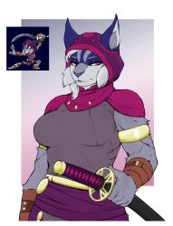  absurd_res anthro arm_scar armor asuri_(brawlhalla) bracers brawlhalla breasts clothing felid feline female fur gold_(metal) gold_jewelry gold_ring grey_body grey_fur hi_res hood inner_ear_fluff jewelry katana looking_at_viewer lynx mammal melee_weapon pink_pupils pupils ququqee399e ring scar solo sword tuft waist_accessory warrior weapon whiskers 