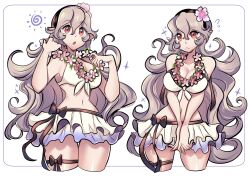  bare_shoulders bikini black_hairband breasts cleavage closed_mouth collarbone corrin_(female)_(fire_emblem) corrin_(female)_(summer)_(fire_emblem) corrin_(fire_emblem) cowboy_shot english_commentary eyelashes female fire_emblem fire_emblem_fates fire_emblem_heroes flower flower_necklace grey_hair hair_between_eyes hair_flower hair_ornament hairband highres lei long_hair looking_at_viewer missandydandy multiple_views navel official_alternate_costume open_mouth pointy_ears red_eyes swimsuit teeth thigh_strap upper_teeth_only very_long_hair white_bikini 